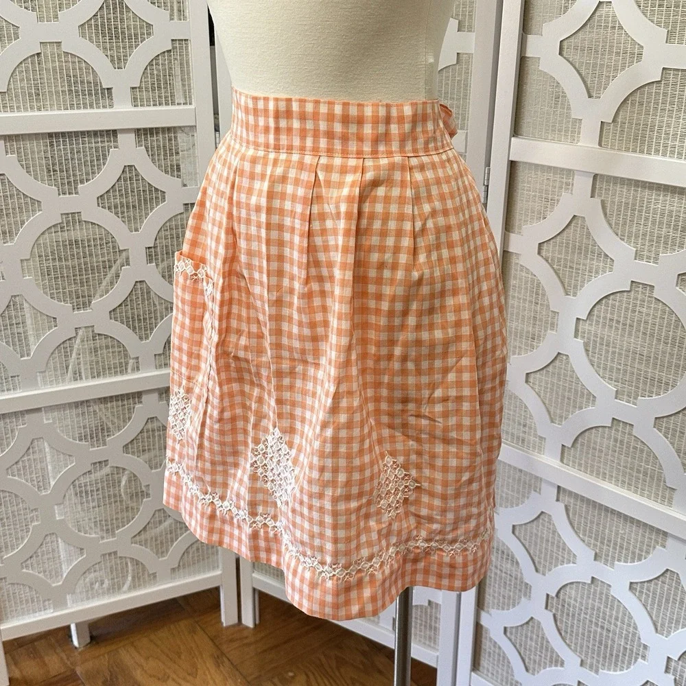 Vintage Gingham Check Half Waist Apron Embroidered Peach Cottagecore Trad‎ Wife